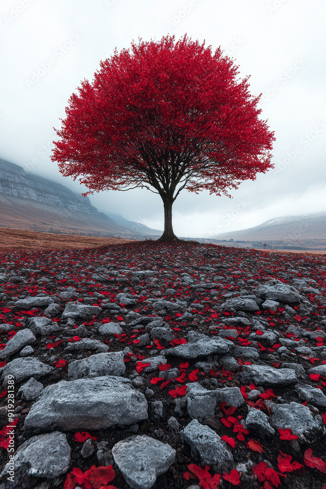 Poster a resilient tree with red leaves, standing alone in a barren landscape, its roots deep and unyieldin