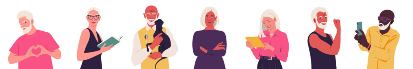 A set of elderly people’s faces. Active old age. Diversity. Vector flat Illustration