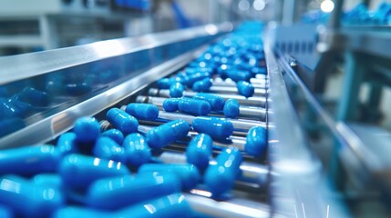 Obraz premium Blue Pills Moving Along a Conveyor Belt in a Pharmaceutical Factory