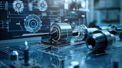 Conceptual image of engineering software with CAD designs and digital models, showcasing technology's role in modern engineering practices.