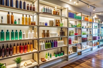 Neatly arranged shelves in a hair salon display a diverse array of hair care products, including shampoos, conditioners, and styling tools, in a clean atmosphere.