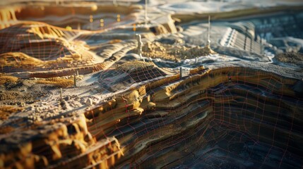 Conceptual image of geotechnical engineering with soil analysis and digital mapping, showcasing advancements in land development.