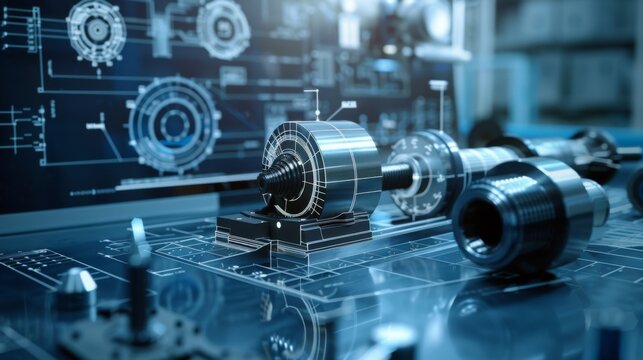 Conceptual image of engineering software with CAD designs and digital models, showcasing technology's role in modern engineering practices.