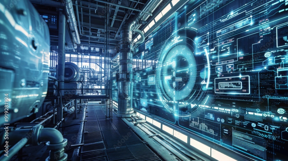 Poster conceptual image of industrial process engineering with digital flowcharts and system designs, illus
