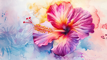 Hibiscus colorful watercolor painting, technique, dynamic strokes, textured paper background