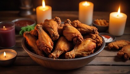 A bowl of crispy savory spiced fried chicken wings served on a rustic wooden table lit by...