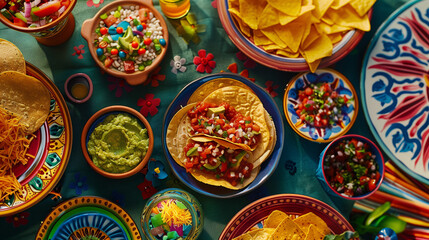Fototapeta premium a Tex-Mex dinner spread, including tacos, guacamole, salsa, and nachos, served on colorful plates with a festive tablecloth and vibrant decorations