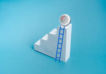 3d Target icon on top of modern white geometric stairway as bar graph chart steps with ladder...