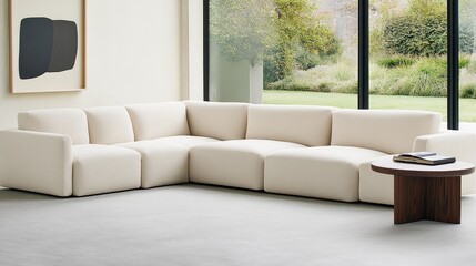 Fototapeta premium A stylish living room showcases a large beige modular sofa against concrete walls, with garden views through black-framed windows