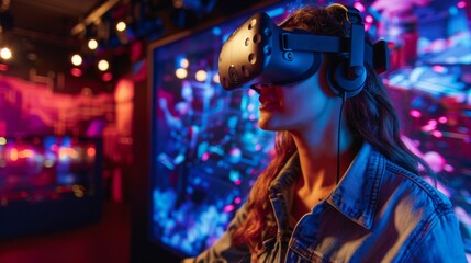 Obraz premium Digital entertainment technology with virtual reality experiences and interactive media, highlighting tech innovations in leisure activities.