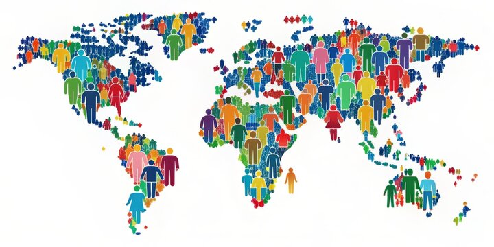 Vibrant illustration of global population composition featuring colorful maps, icons, and statistics, highlighting age, gender, and geographic diversity on World Population Day.