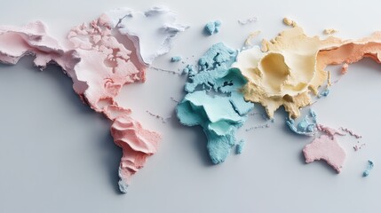 A vibrant world map showcasing continents in 3D relief, with different regions rendered in varied...