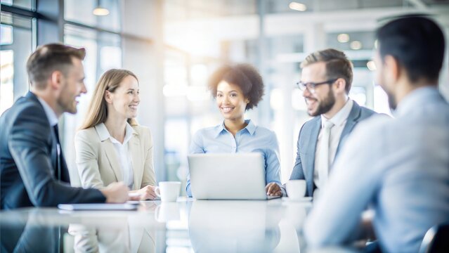 A lively background featuring a team in a dynamic discussion, showcasing effective communication and idea exchange in a modern office environment.
