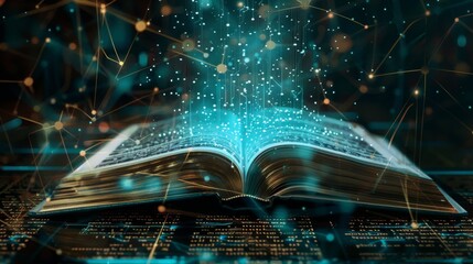 Digital publishing technology with virtual books and multimedia elements, highlighting tech innovations in storytelling.