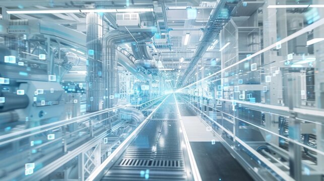 Digital manufacturing technology with virtual production lines and automation, showcasing tech innovations in the industrial sector.