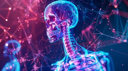 Digital representation of a human skeleton with holographic bone structures, illustrating advancements in orthopedic technology and research.