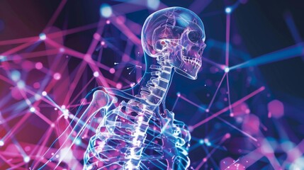 Digital representation of a human skeleton with holographic bone structures, illustrating advancements in orthopedic technology and research.