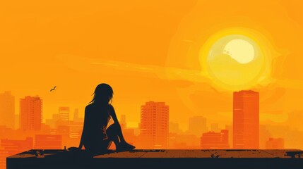 Fototapeta premium Minimalism illustration, silhouette of a lofi girl sitting on a rooftop, looking out at the city skyline during sunset, flat illustration on warm orange background, empty copy space, lofi style 