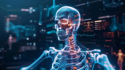 Digital representation of a human skeleton with holographic bone structures, illustrating advancements in orthopedic technology and research.
