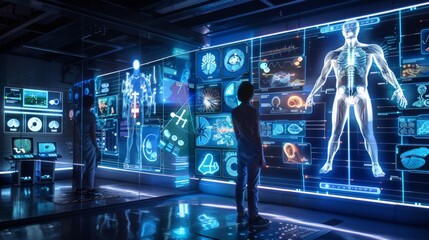 Digital wellness technology with virtual health trackers and interactive screens, highlighting tech innovations in personal health management.