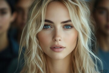 Fototapeta premium striking portrait of confident blonde woman emerging from crowd selective focus and desaturated background emphasize individuality and leadership