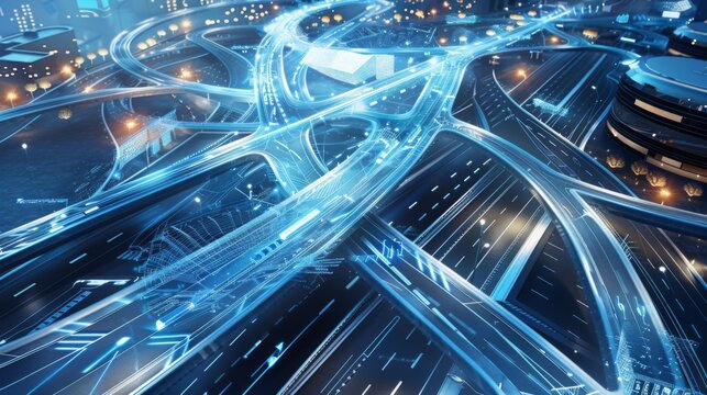 Engineering design of a modern transportation hub with digital maps and infrastructure plans, highlighting innovation in urban mobility.