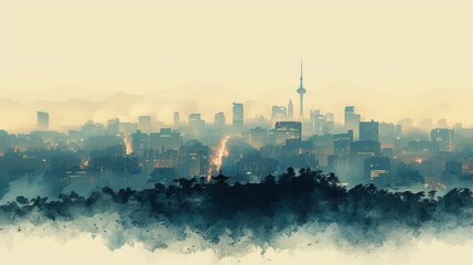 Fototapeta premium Minimalism illustration, silhouette of the Seoul cityscape with Namsan Tower and bustling streets, flat illustration on soft cream background, empty copy space, lofi style illustration