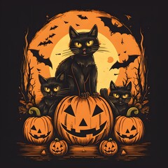 halloween background with pumpkin, black cats and bats