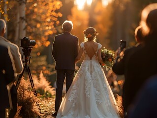 Couple exchanging vows during a fall wedding ceremony in a serene forest setting at sunset