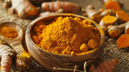 a wooden bowl filled with vibrant turmeric powder, surrounded by whole turmeric roots and a rustic wooden spoon, set on a textured burlap cloth
