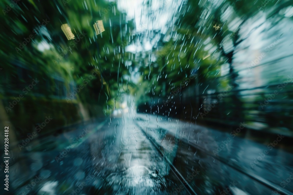 Poster A blurry image of a wet street with trees in the background, suitable for use as a creative backdrop or atmospheric setting