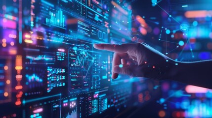 Fototapeta premium High-tech holographic interface with floating graphs and data streams, representing innovative technology and future user interfaces.