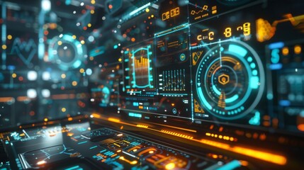 High-tech holographic interface with floating graphs and data streams, representing innovative technology and future user interfaces.