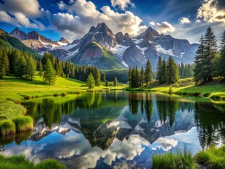 Serene alpine meadow surrounded by towering mountain peaks, lush green grass, and tranquil lake reflections, exuding peacefulness and majestic beauty in nature's paradise.