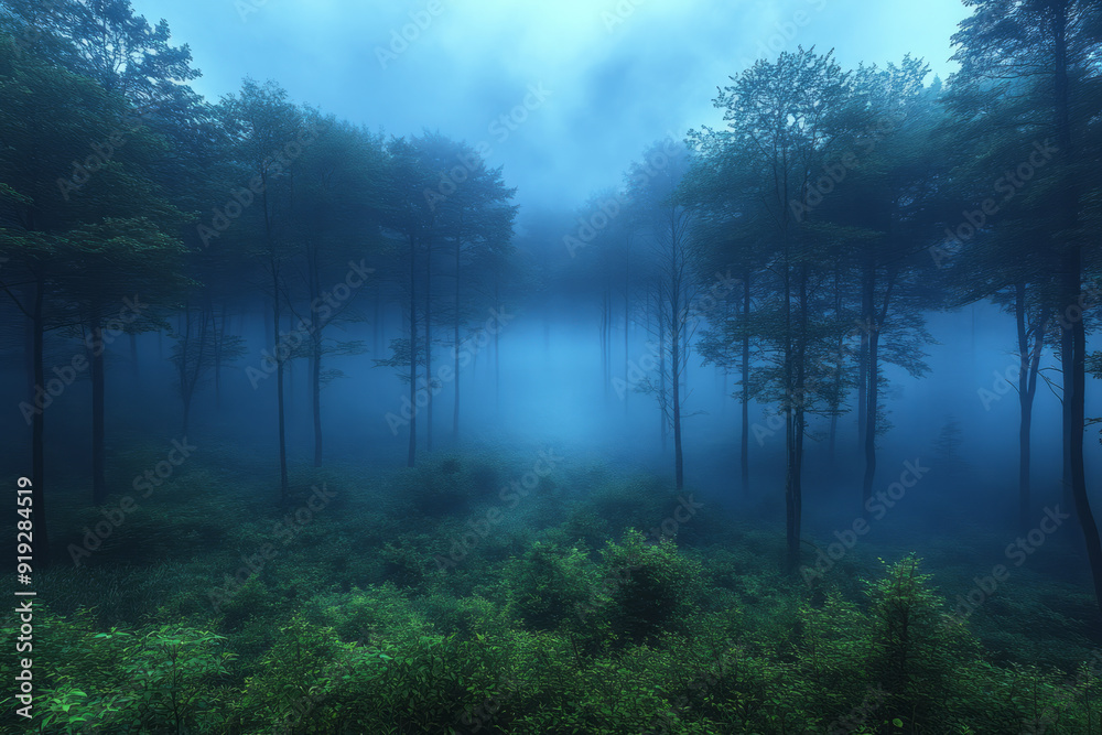 Poster A misty forest where the trees seem to murmur ancient secrets, their leaves rustling with the whispers of the wild,