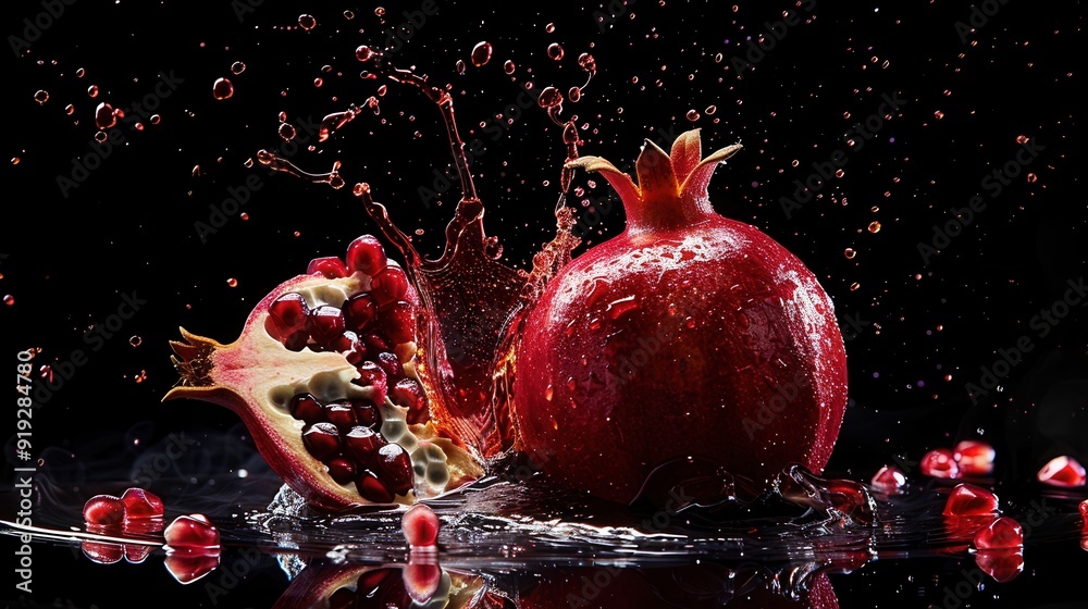 Wall mural water splash with fresh pomegranate fruit juice and seed