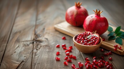 Fresh pomegranate fruit seed on wooden table