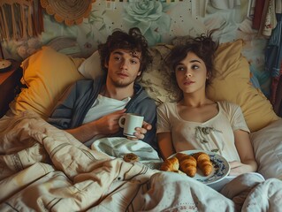 Young couple enjoying breakfast in bed with croissants and coffee during a cozy morning at home