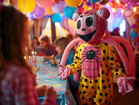 A colorful ladybug mascot entertaining children at a birthday party in a decorated venue with balloons and festive lights