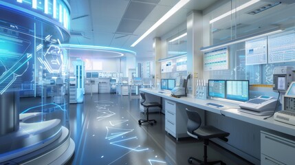 Naklejka premium Image of a high-tech diagnostic lab with automated analysis systems and digital interfaces, showcasing advancements in laboratory medicine.