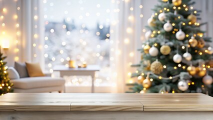 An empty white tabletop set against a beautifully blurred snow-covered background with a hint of a Christmas tree. The perfect platform to showcase your holiday products.