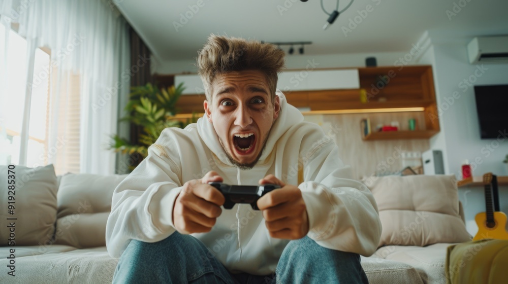 Poster A person sitting on a couch with a video game controller, ideal for use in gaming or entertainment related projects
