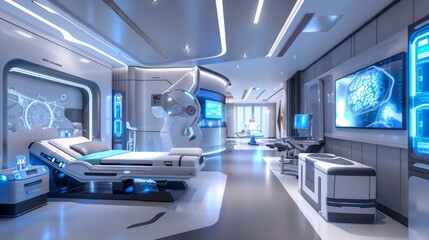 Image of a high-tech rehabilitation center with robotic therapy devices and digital interfaces, showcasing innovation in recovery and treatment.