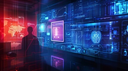 Image of a high-tech virtual clinic with digital interfaces and remote consultation capabilities, illustrating advancements in telehealth services.