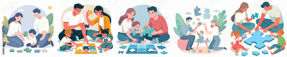 Canvas Prints family playing puzzle vector set