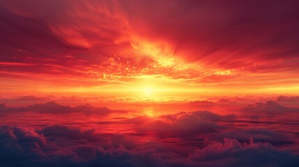 Stunning sunset over tranquil ocean with vibrant clouds reflecting golden sunlight