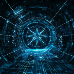 Fototapeta premium futuristic network of Digital and business transformation connected by lines to a compass shown from tunnel view with front-lighting 