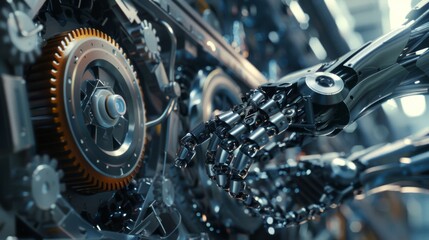 Fototapeta premium Robotics technology featuring mechanical arms and digital gears, showcasing automation and the integration of robotics in modern industries.