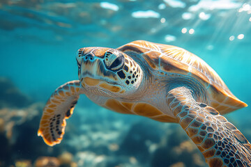 Fototapeta premium A regal sea turtle swimming slowly through the clear blue waters, its ancient, wise eyes reflecting the majesty of the deep,