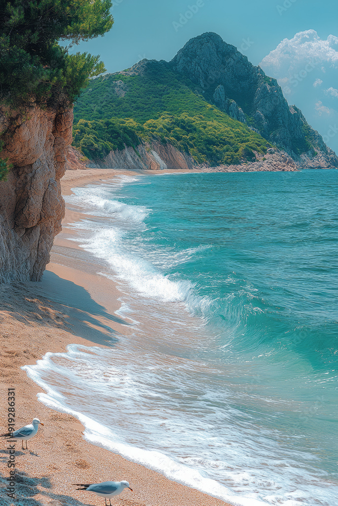 Poster a secluded beach where the whispers of the wild are found in the gentle crashing of waves and the cr